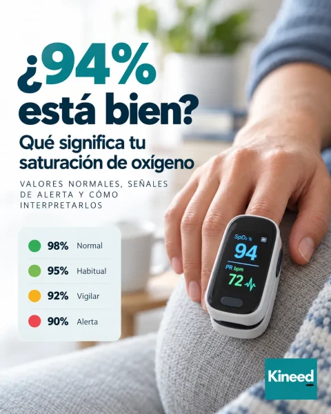 Oxímetro con lectura de 94 % y guía visual para interpretar la saturación de oxígeno