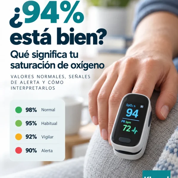 Oxímetro con lectura de 94 % y guía visual para interpretar la saturación de oxígeno
